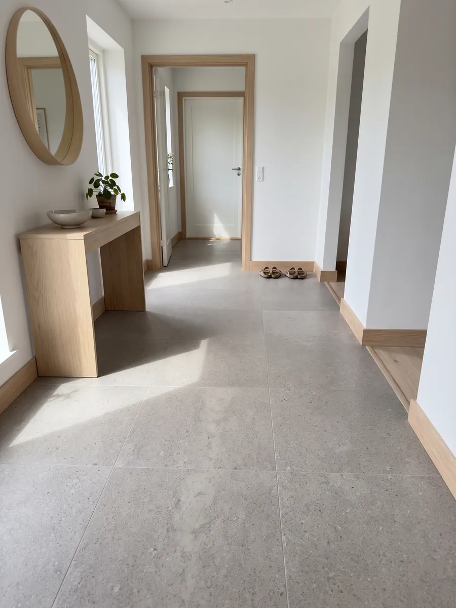 Entryway floor in large slabs of gray Lipica Unito marble with natural light: fine-grained beige gray with a very uniform look and no pattern