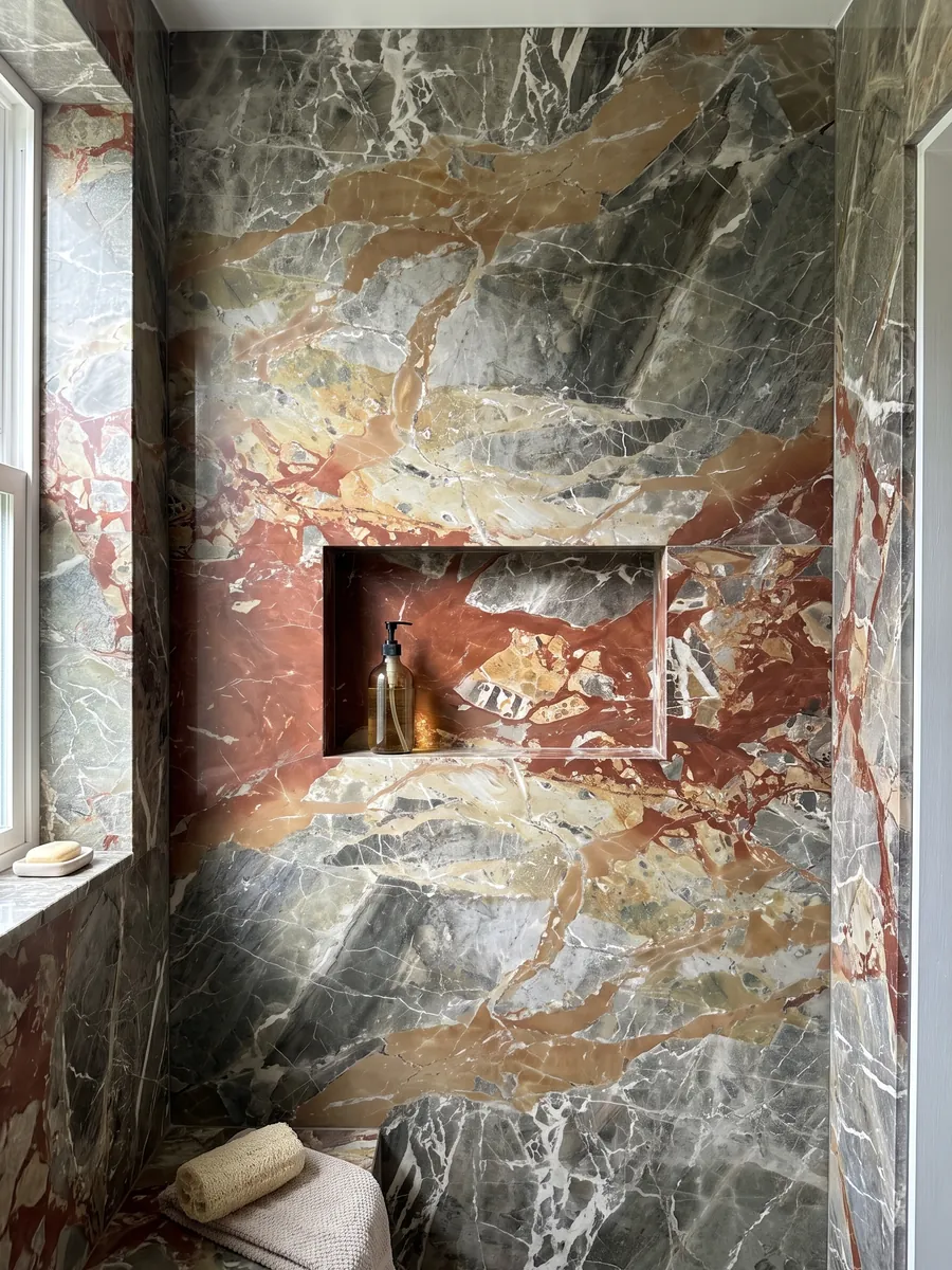 Shower clad in full gray Macchia Vecchia marble slabs with a recessed niche: greenish gray fragments with large rust-red patches and white veins