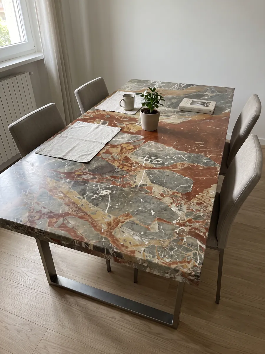 Dining table with a gray Macchia Vecchia marble top on a steel base: greenish gray fragments with large rust-red patches and white veins