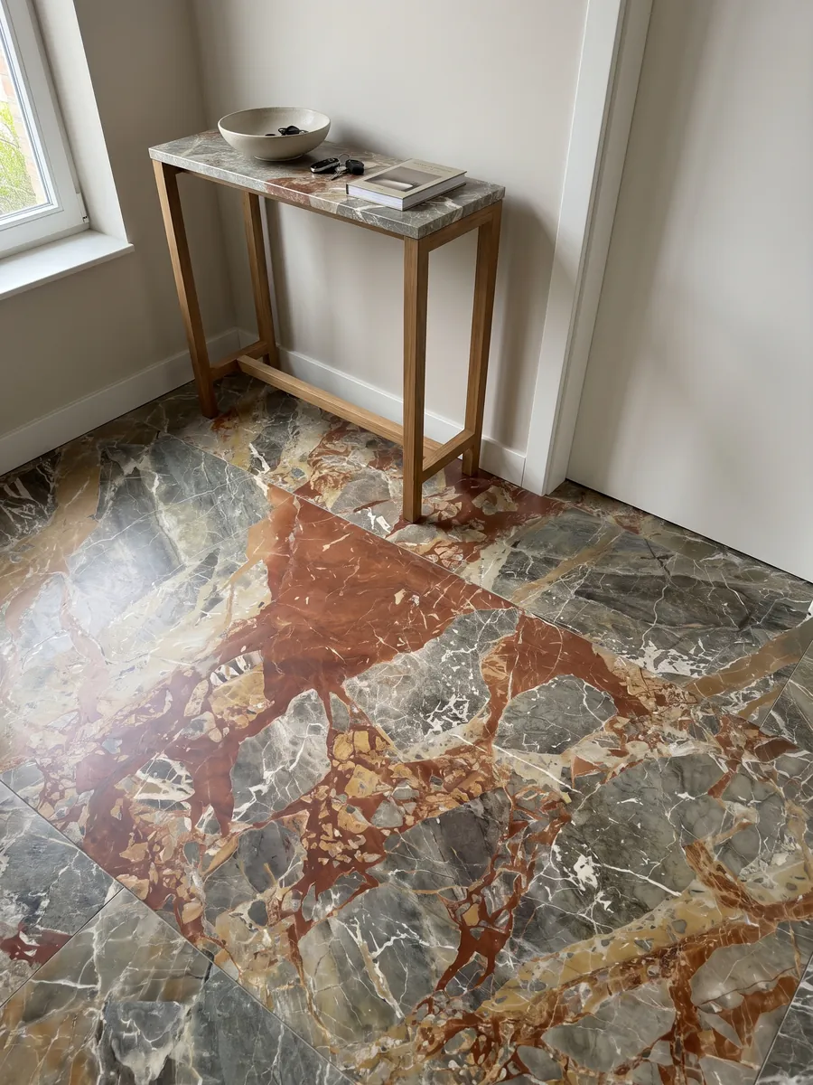Entryway floor in large gray Macchia Vecchia marble slabs with natural light: greenish gray fragments with large rust-red patches and white veins