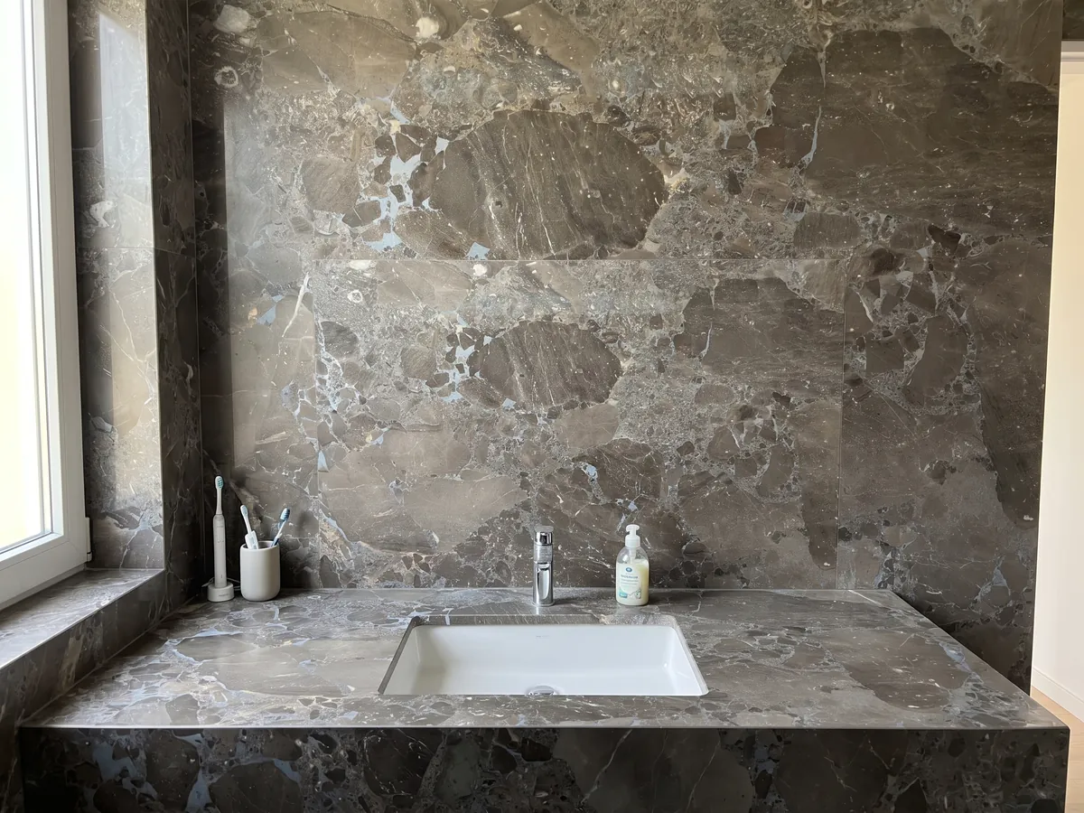 Vanity top and bathroom wall in gray Moon Grey marble with a white sink and chrome faucets: large angular fragments in grayish brown joined by a blue-gray matrix