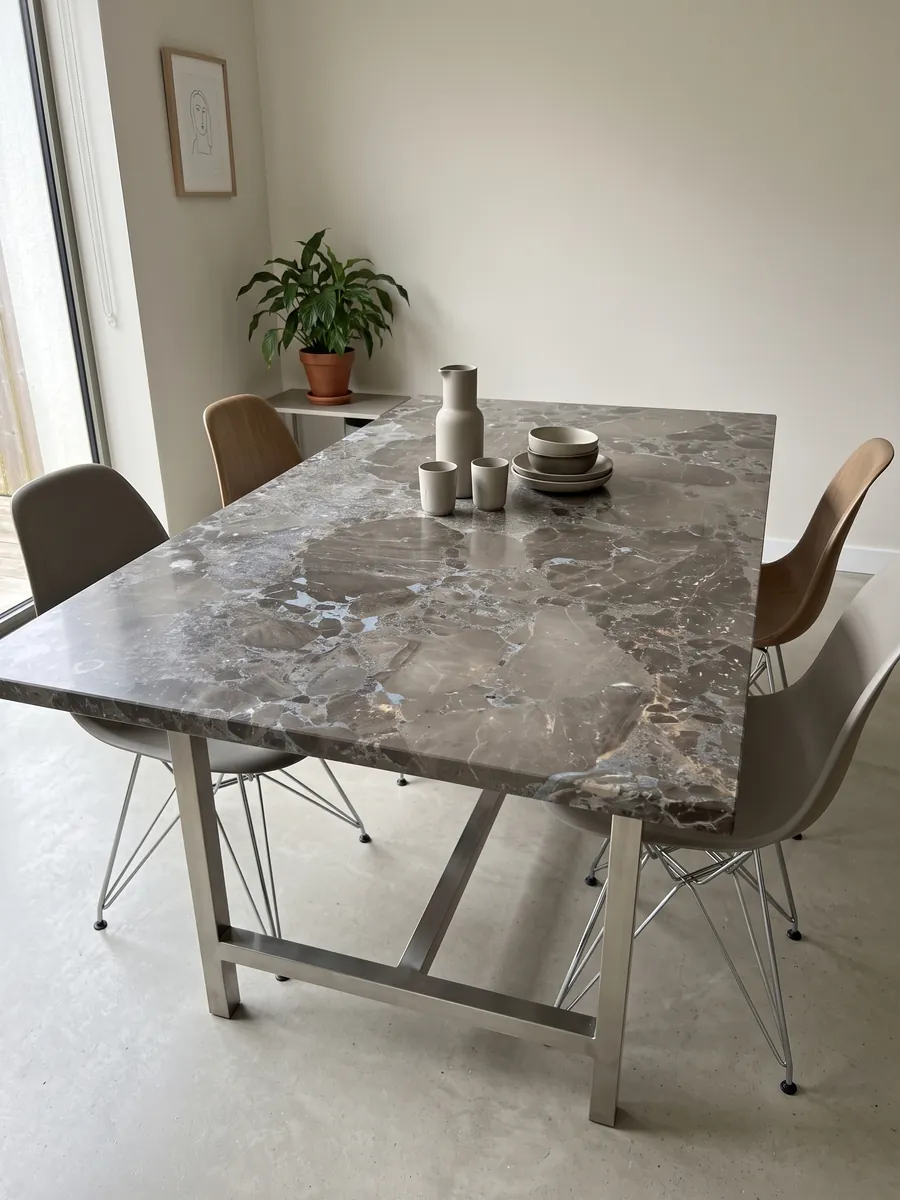 Dining table with a gray Moon Grey marble top on a steel base: large angular fragments in grayish brown joined by a blue-gray matrix