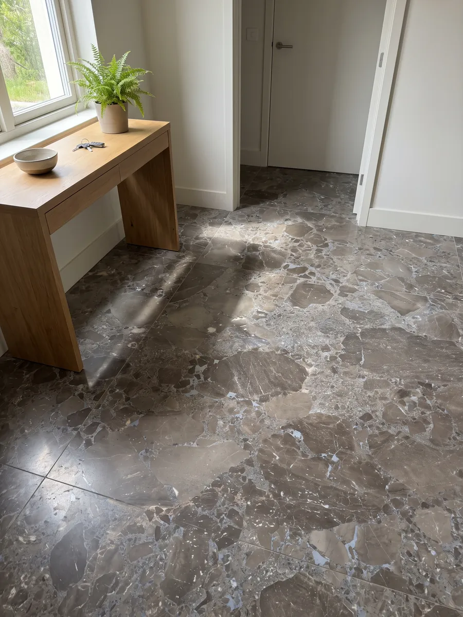Entryway floor in large gray Moon Grey marble slabs with natural light: large angular fragments in grayish brown joined by a blue-gray matrix