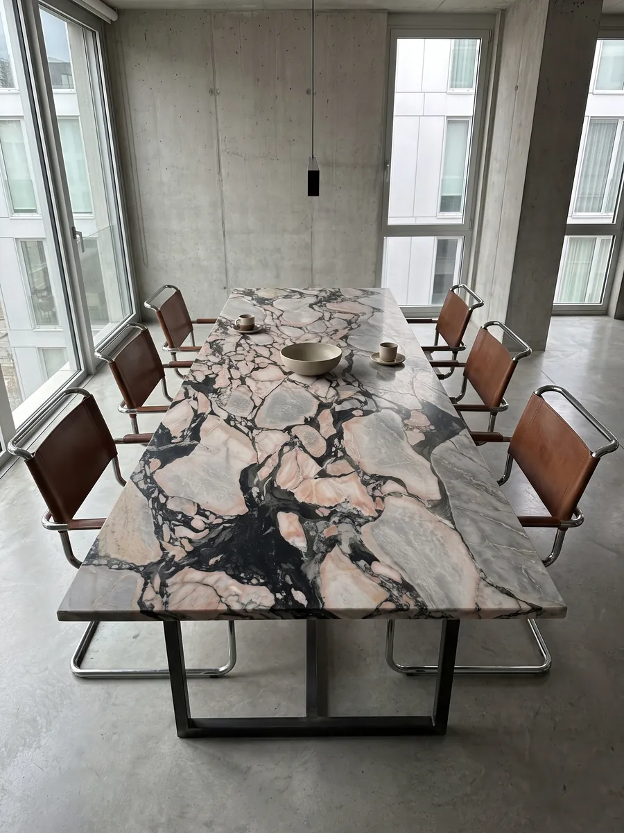 Dining table with a gray Notre Dame marble top on a steel base: gray and salmon pink fragments enclosed by thick black veins