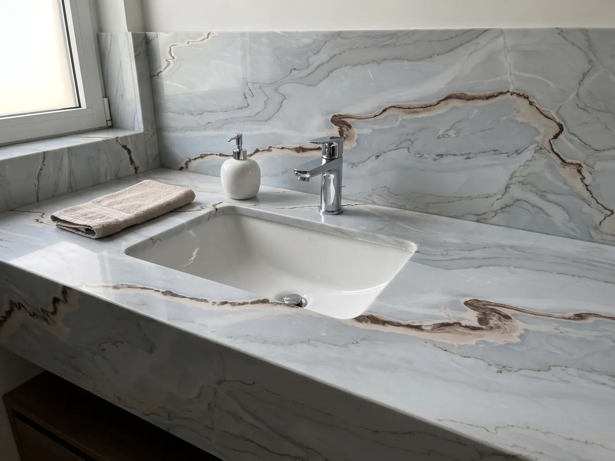 Vanity top and bathroom wall in gray Palissandro Blu marble with a white sink and chrome faucets: soft blue-gray with wavy lines and a sinuous rust-colored band