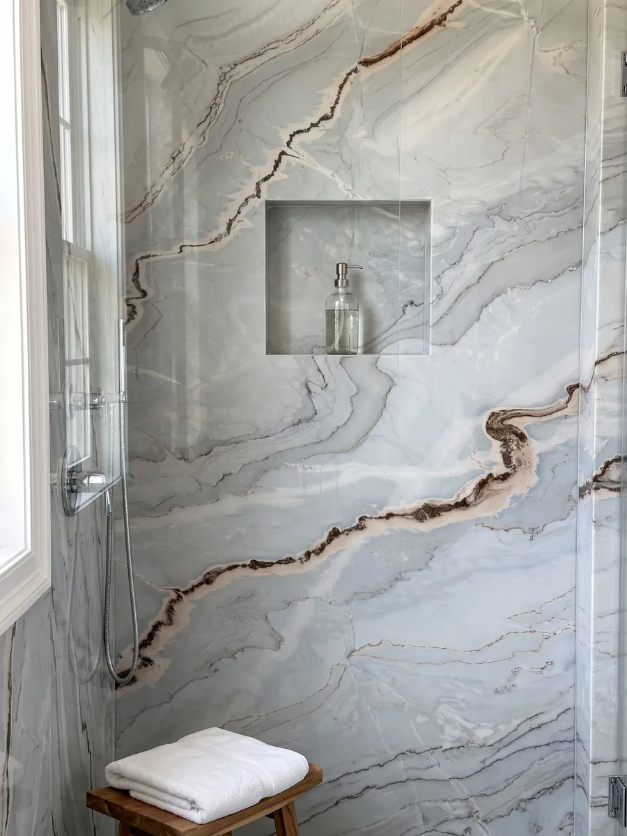 Shower clad in full slabs of gray Palissandro Blu marble with a recessed niche: soft blue-gray with wavy lines and a sinuous rust-colored band