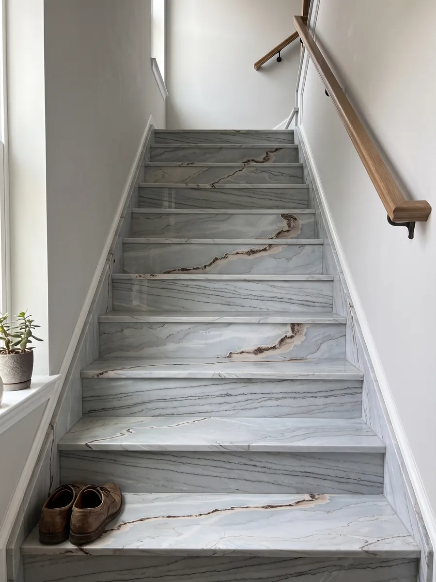 Interior staircase with gray Palissandro Blu marble treads and a handrail: soft blue-gray with wavy lines and a sinuous rust-colored band
