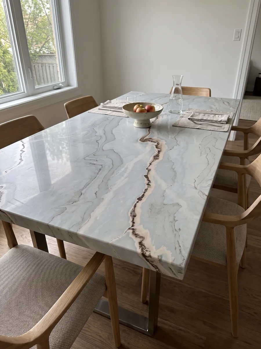Dining table with a gray Palissandro Blu marble top on a steel base: soft blue-gray with wavy lines and a sinuous rust-colored band