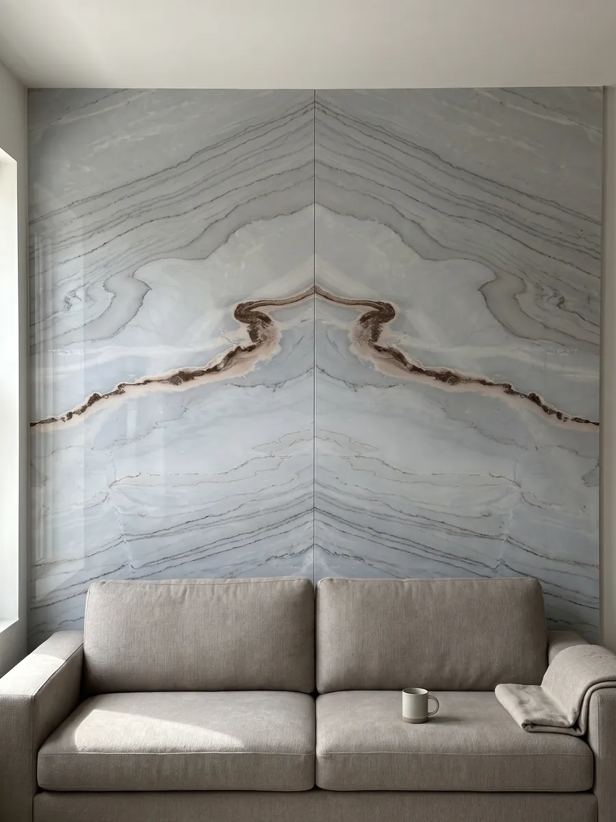 Living room wall clad in bookmatched slabs of gray Palissandro Blu marble behind a sofa: soft blue-gray with wavy lines and a sinuous rust-colored band