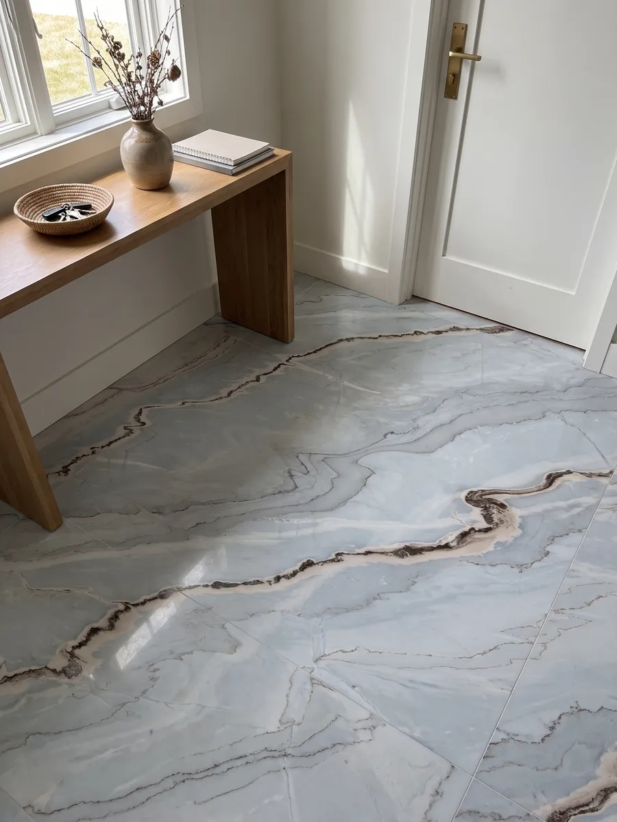 Entryway floor in large slabs of gray Palissandro Blu marble with natural light: soft blue-gray with wavy lines and a sinuous rust-colored band