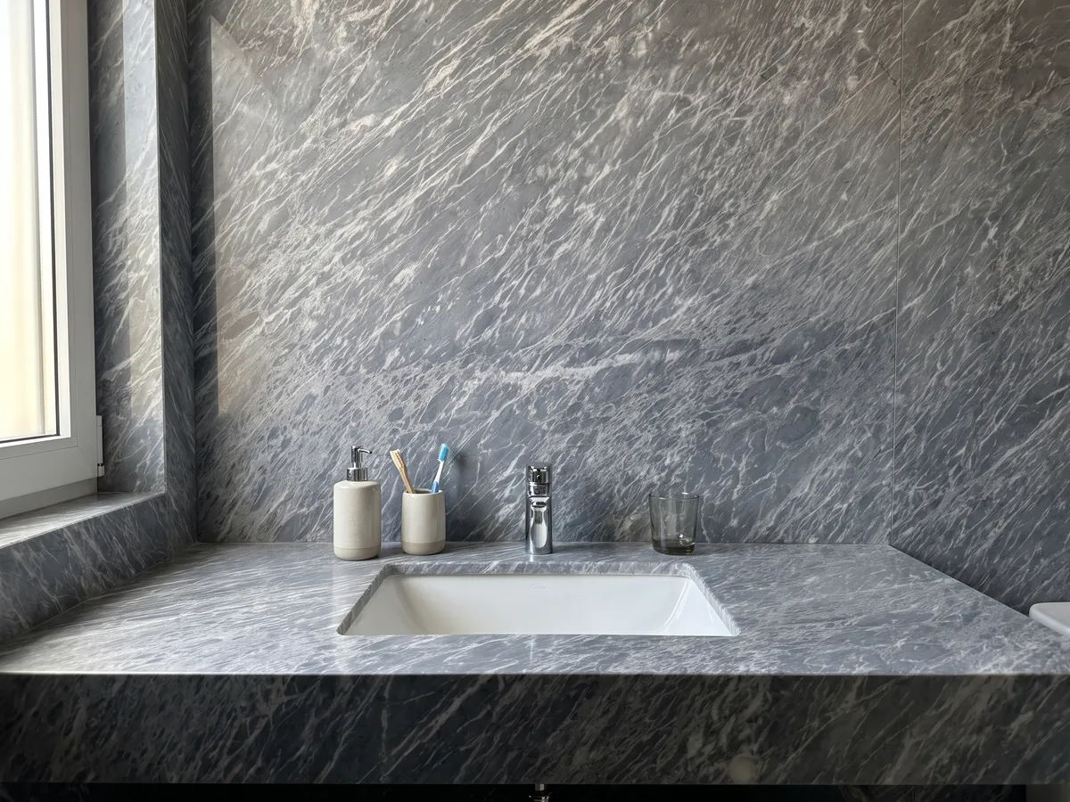 Vanity top and bathroom wall in Grigio Perla marble with a white sink and chrome faucets: blue-gray covered in fine, parallel white streaks running diagonally