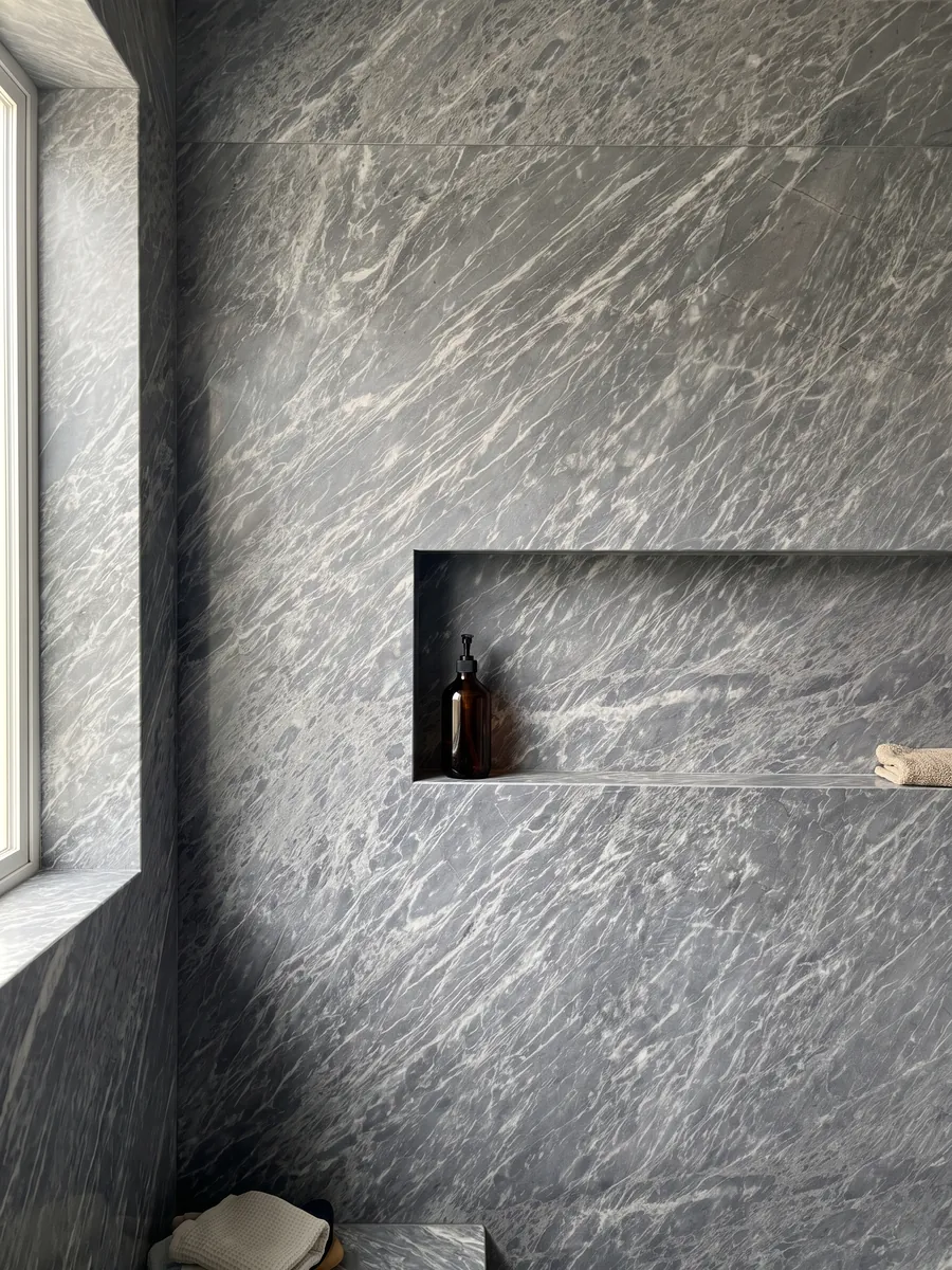 Shower clad in full slabs of Grigio Perla marble with a recessed niche: blue-gray covered in fine, parallel white streaks running diagonally