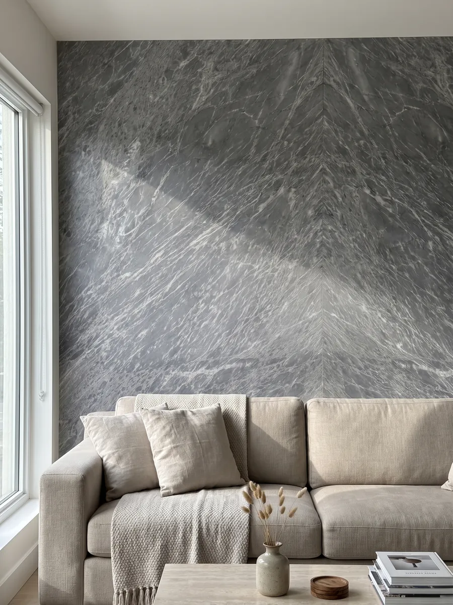 Living room wall clad in bookmatched slabs of Grigio Perla marble behind a sofa: blue-gray covered in fine, parallel white streaks running diagonally