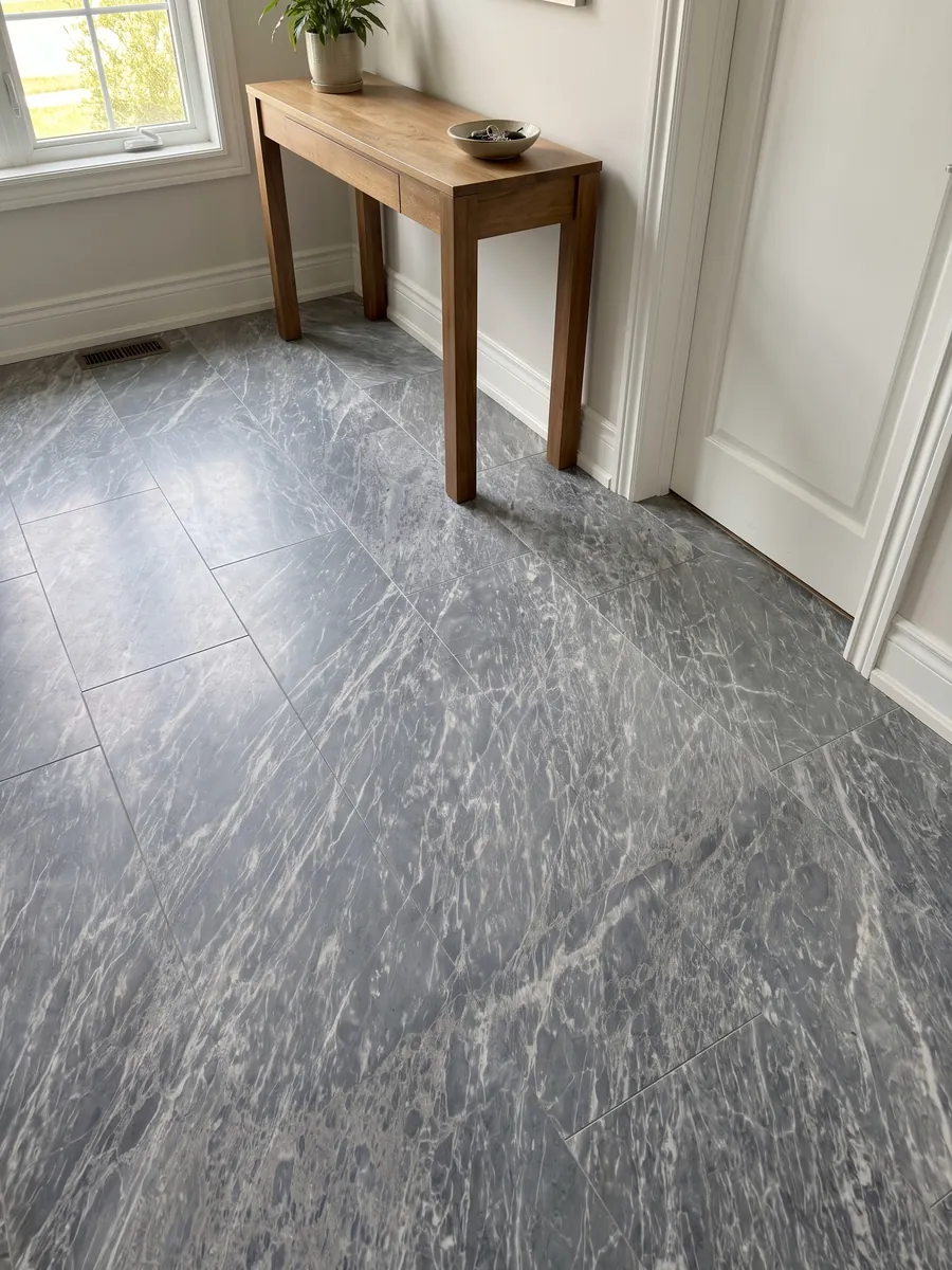 Entryway floor in large slabs of Grigio Perla marble with natural light: blue-gray covered in fine, parallel white streaks running diagonally