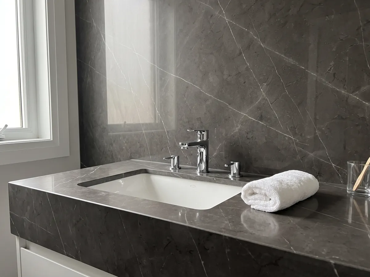 Bathroom vanity top and wall in gray Pietra Grey marble with a white sink and chrome faucets: dark gray with a few fine light gray veins
