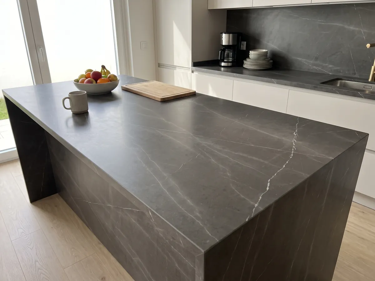 Kitchen island with a Pietra Grey marble countertop and a straight edge in a kitchen with natural light: dark gray with a few fine light gray veins
