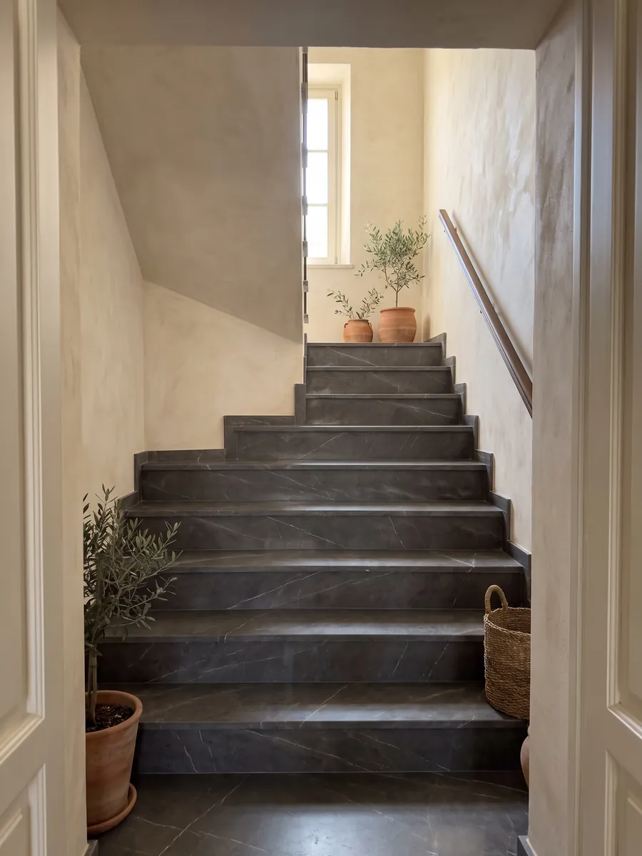 Indoor staircase with Pietra Grey marble steps and a handrail: dark gray with a few fine light gray veins
