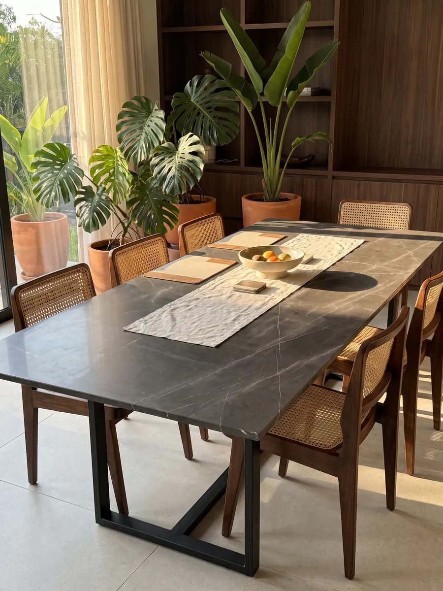 Dining table with a Pietra Grey marble top on a steel base: dark gray with a few fine light gray veins