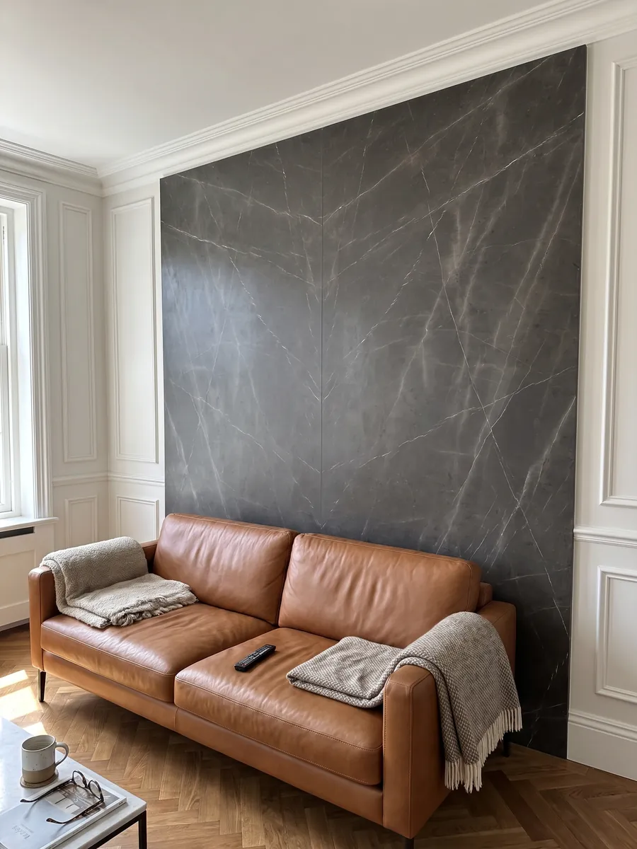 Living room wall clad in bookmatched Pietra Grey marble slabs behind a sofa: dark gray with a few fine light gray veins
