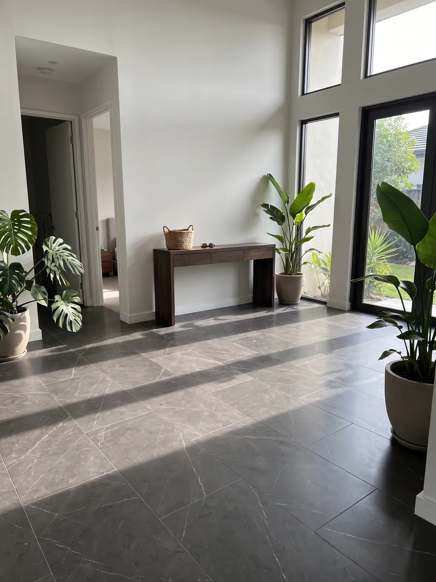 Entryway floor in large gray Pietra Grey marble slabs with natural light: dark gray with a few fine light gray veins