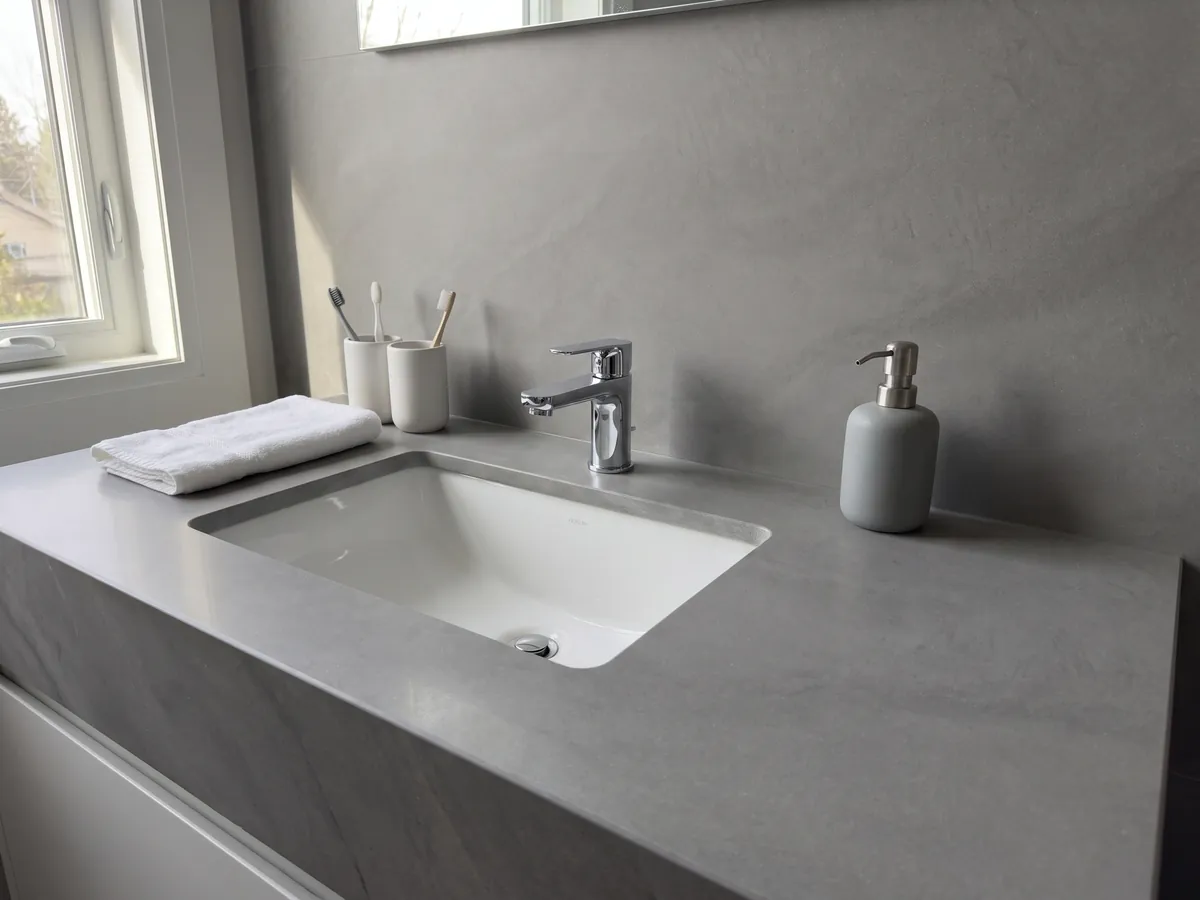 Bathroom vanity top and wall in gray Pietra Serena marble with a white sink and chrome fixtures: smooth, even medium gray with no veins