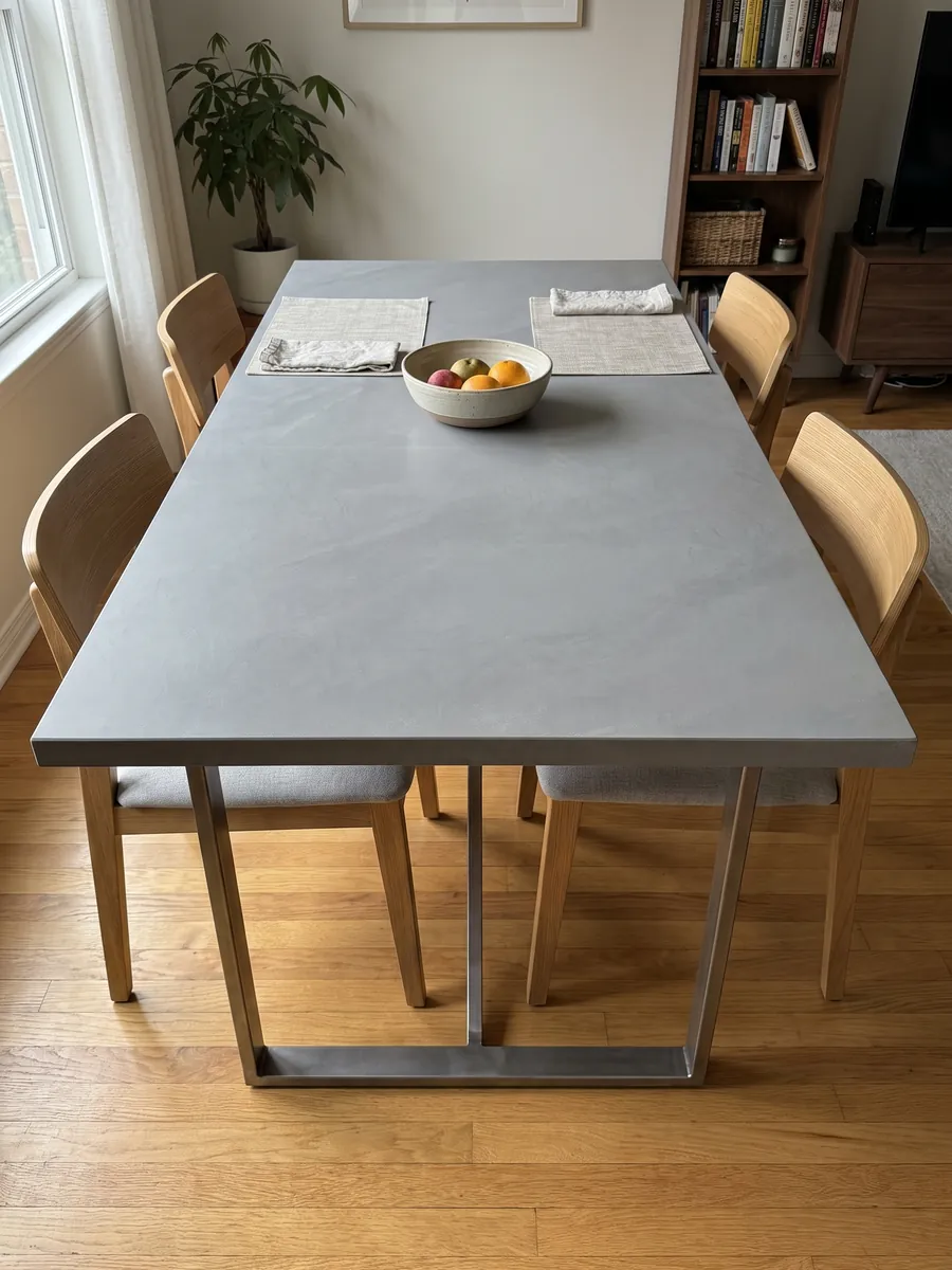Dining table with a gray Pietra Serena marble top on a steel base: smooth, even medium gray with no veins