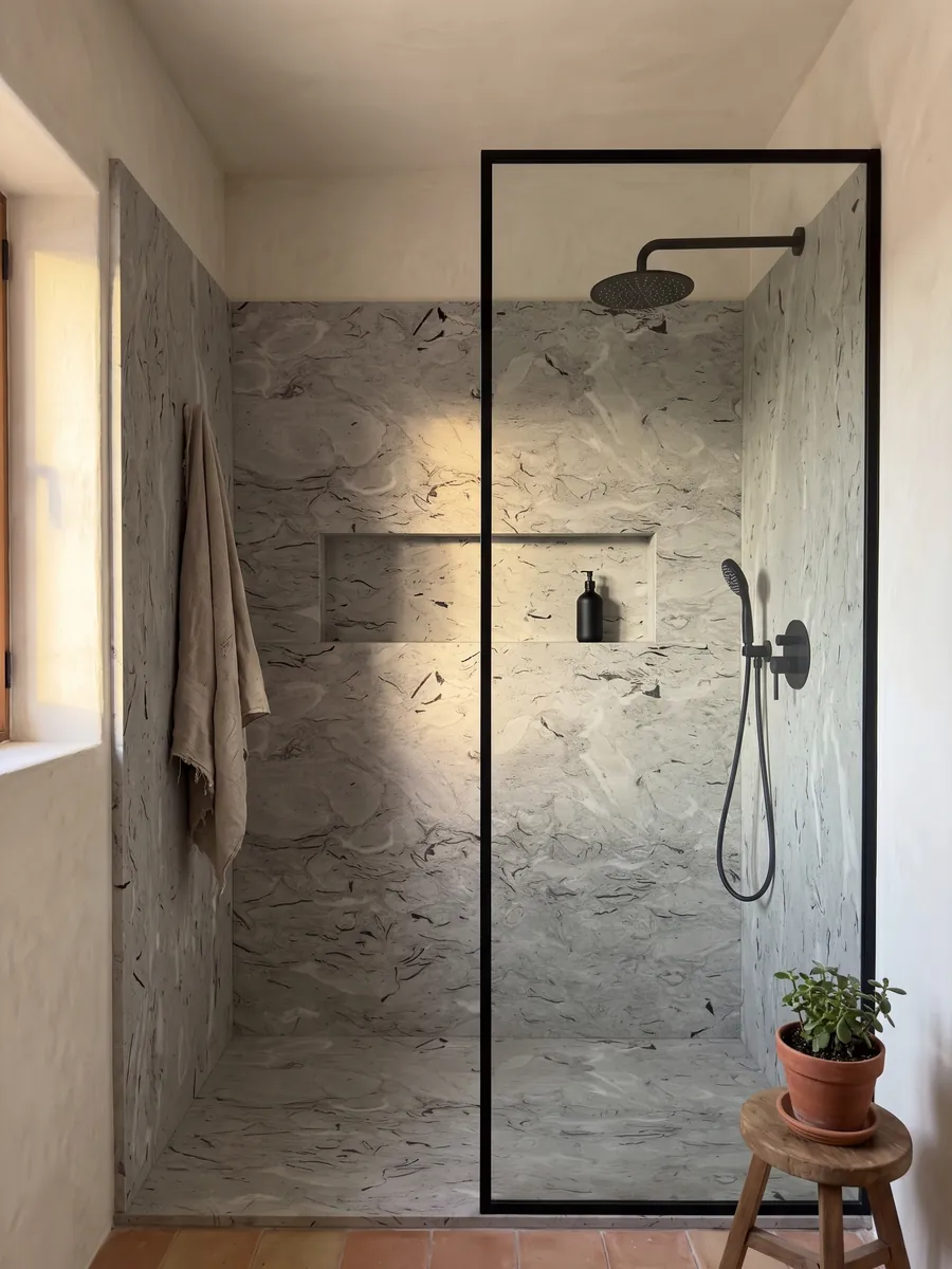Shower lined with full slabs of gray Repen marble and a recessed niche: light gray with curved black fossil marks and horizontal clouds