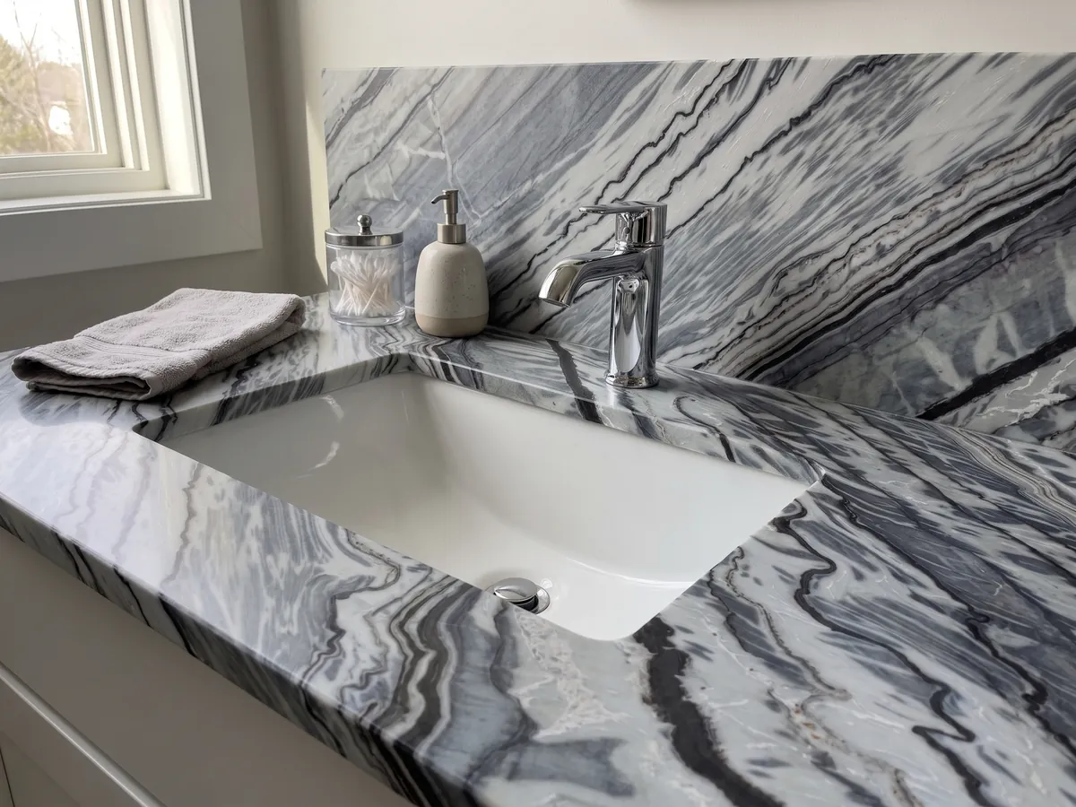 Vanity top and bathroom wall in Silver Stream gray marble with a white sink and chrome faucets: black and bluish gray wavy bands running in diagonal