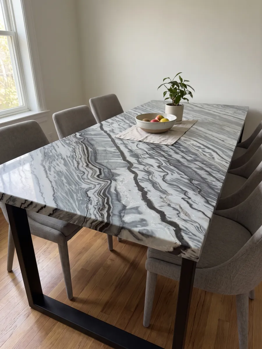Dining table with a Silver Stream gray marble top on a steel base: black and bluish gray wavy bands running in diagonal