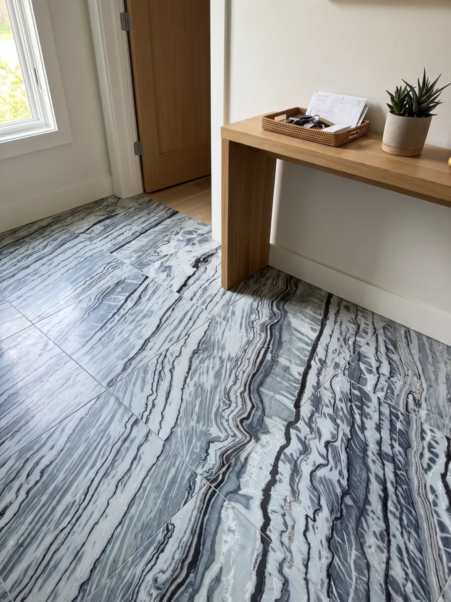Entryway floor in large Silver Stream gray marble slabs with natural light: black and bluish gray wavy bands running in diagonal
