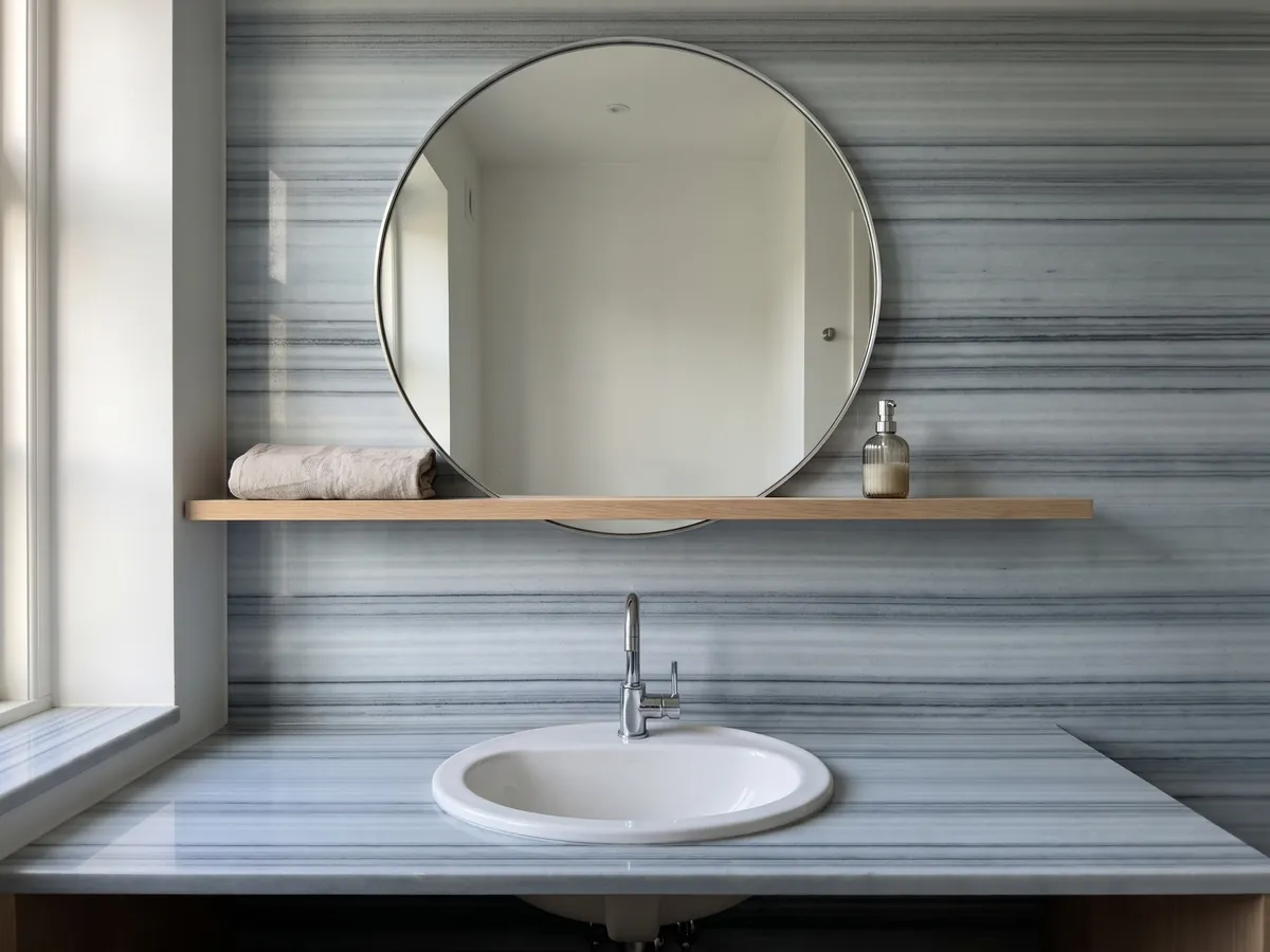 Vanity top and bathroom wall in gray Striato Olimpico marble: perfectly parallel horizontal bands in blue-gray and white tones, like continuous stripes
