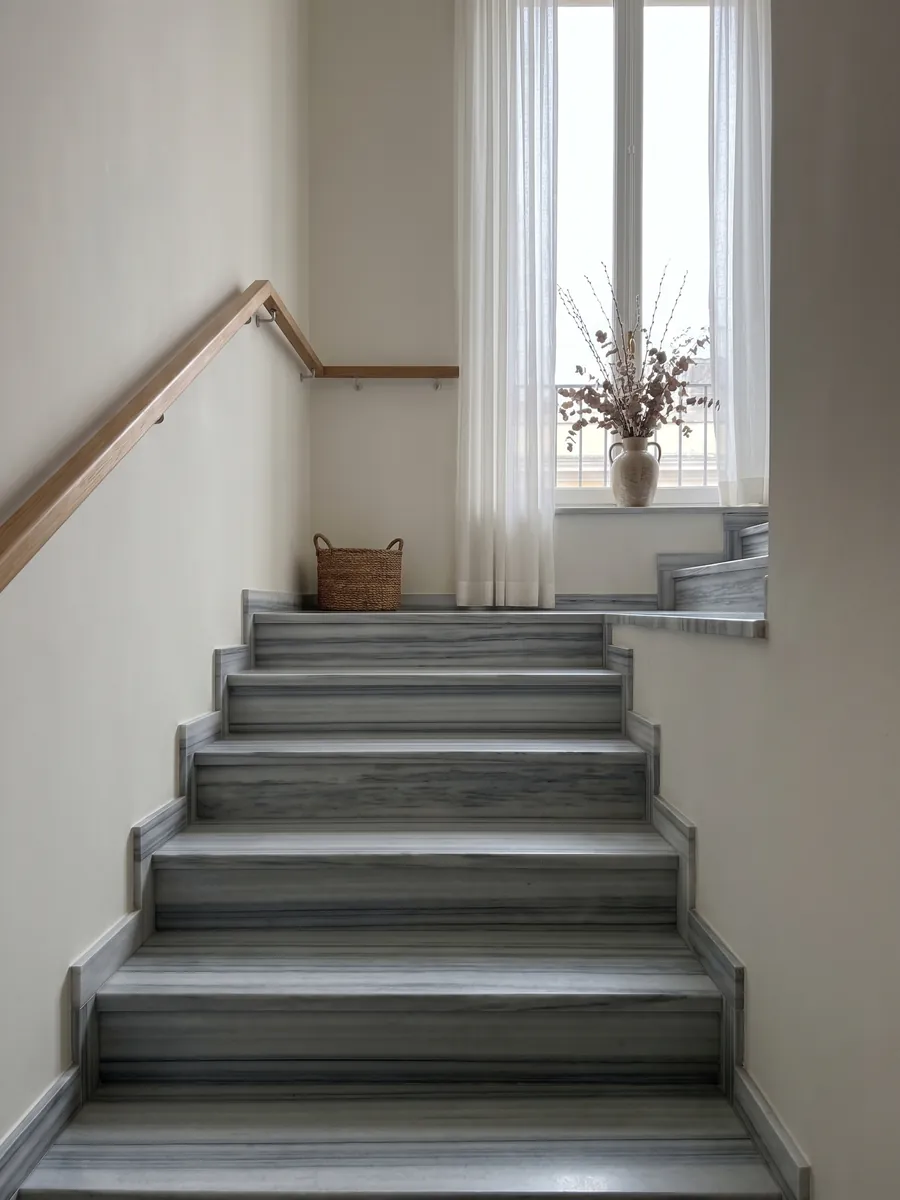 Interior staircase with gray Striato Olimpico marble treads and a handrail: perfectly parallel horizontal bands in blue-gray and white, like continuous stripes