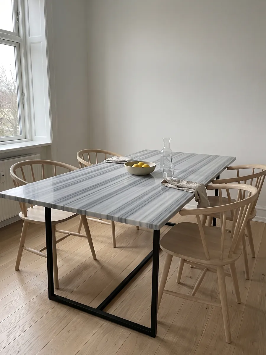 Dining table with a gray Striato Olimpico marble top on a steel base: perfectly parallel horizontal bands in blue-gray and white, like continuous stripes