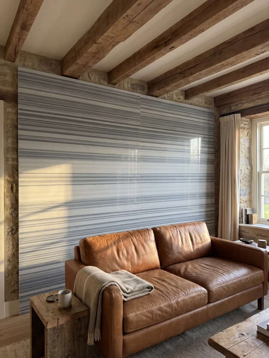 Living room wall clad in bookmatched slabs of gray Striato Olimpico marble: perfectly parallel horizontal bands in blue-gray and white, like continuous stripes