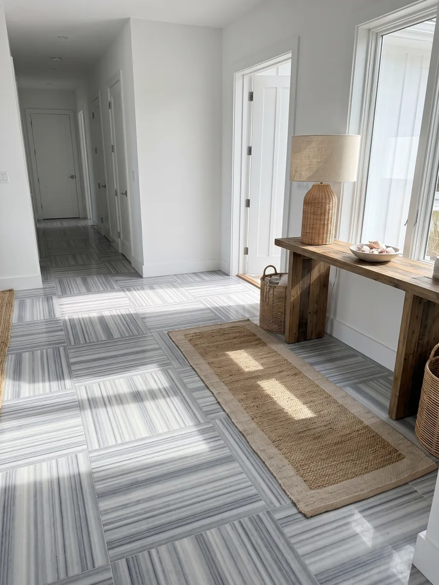 Entryway floor in large slabs of gray Striato Olimpico marble with natural light: perfectly parallel horizontal bands in blue-gray and white, like continuous stripes