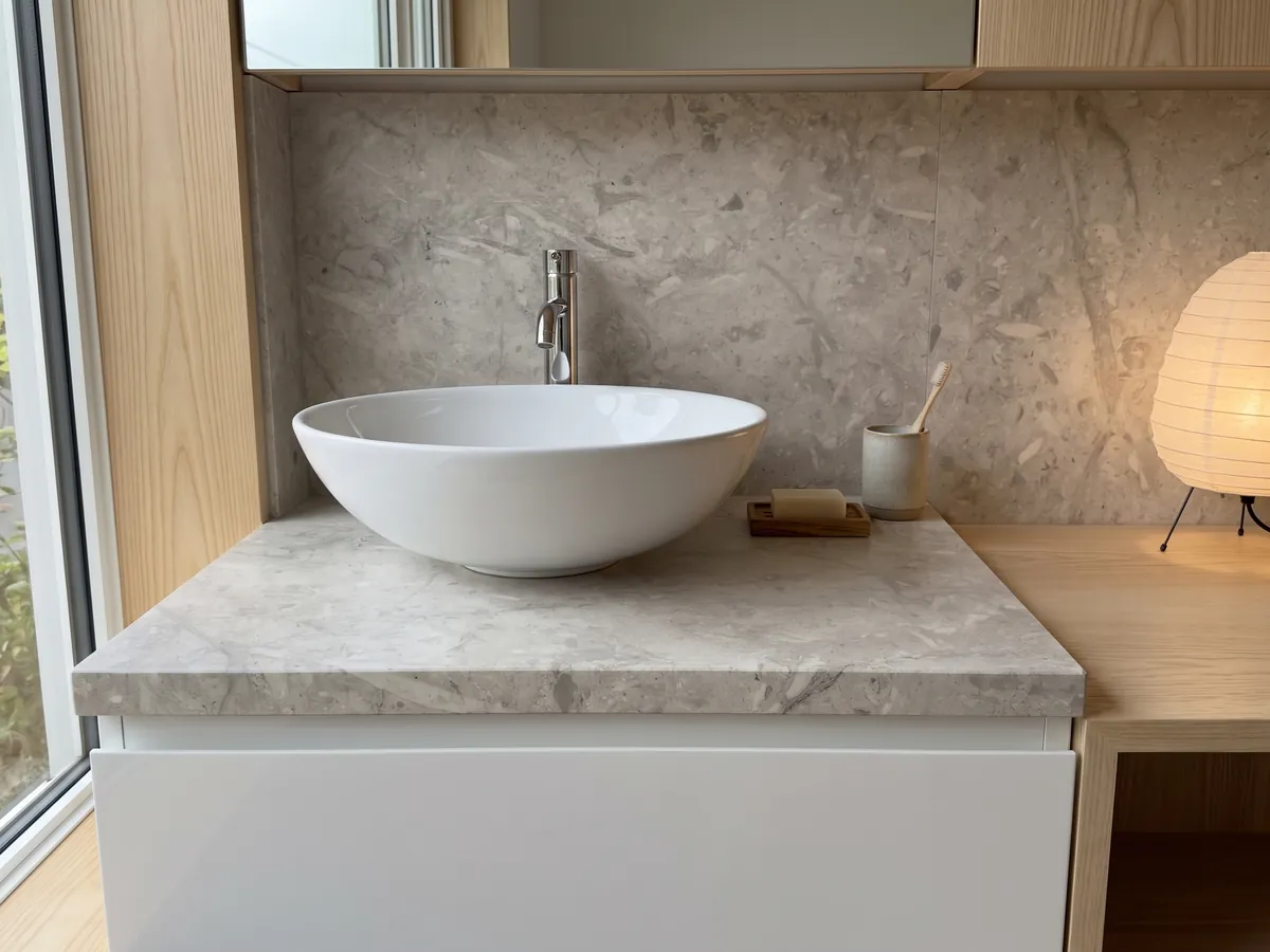 Vanity top and bathroom wall in gray Tala Grey marble with a white sink and chrome fixtures: beige-gray background with loose lighter and darker strokes, a soft, muted look