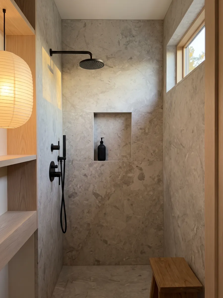 Shower clad in full slabs of gray Tala Grey marble with a recessed niche: beige-gray background with loose lighter and darker strokes, a soft, muted look