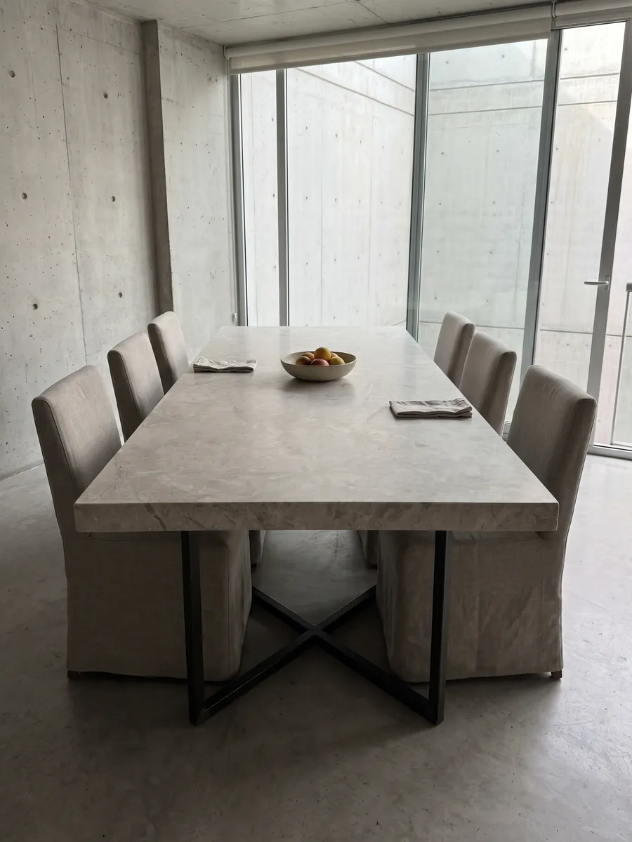 Dining table with a gray Tala Grey marble top on a steel base: beige-gray background with loose lighter and darker strokes, a soft, muted look