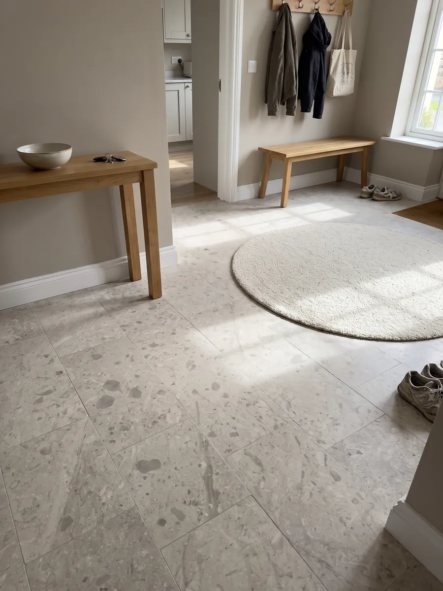 Entryway floor in large slabs of gray Tala Grey marble with natural light: beige-gray background with loose lighter and darker strokes, a soft, muted look