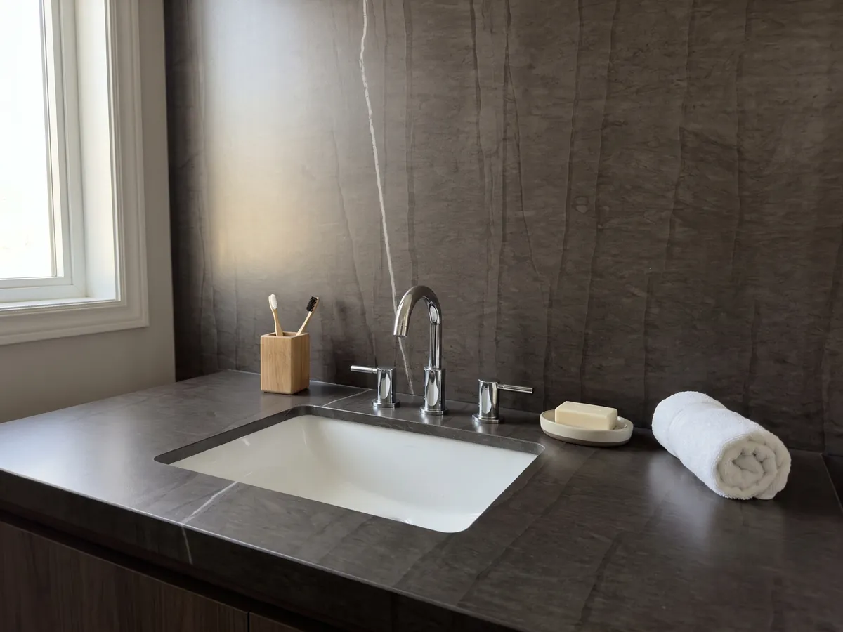 Vanity top and bathroom wall in Grigio Tao marble with a white sink and chrome faucets: dark brown with faint vertical lines and a single fine white vein