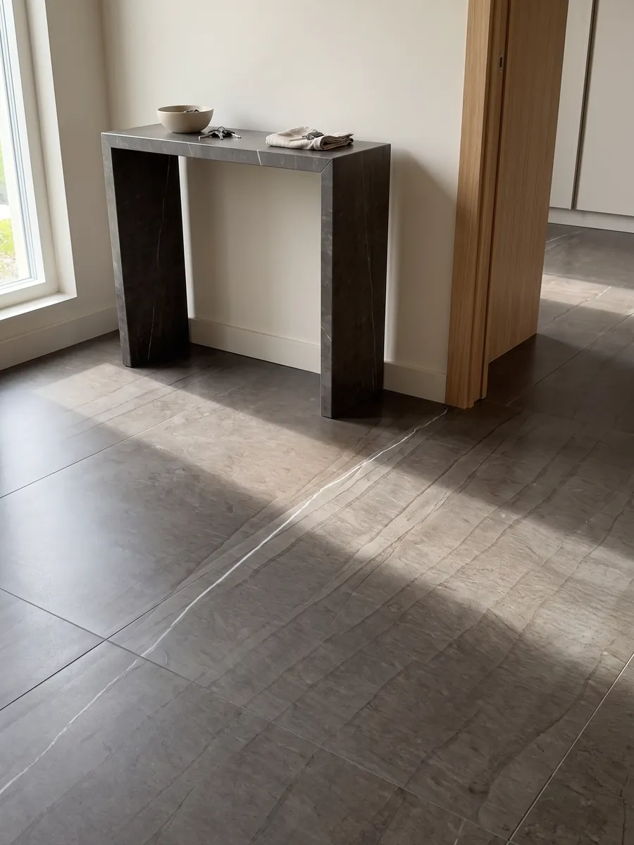 Entryway floor in large slabs of Grigio Tao marble with natural light: dark brown with faint vertical lines and a single fine white vein