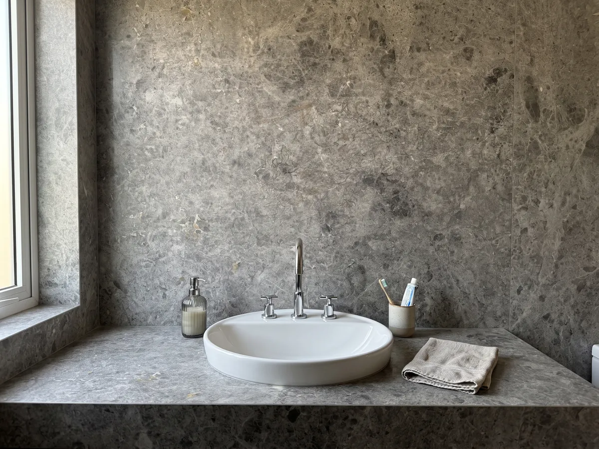 Vanity top and bathroom wall in gray Tundra marble with a white sink and chrome fixtures: medium gray with darker clouds and a fine spatter of light spots