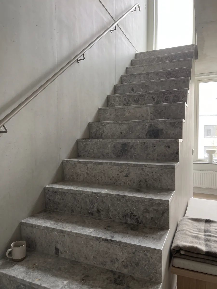 Interior staircase with Tundra gray marble treads and a handrail: medium gray with darker clouds and a fine speckling of light dots