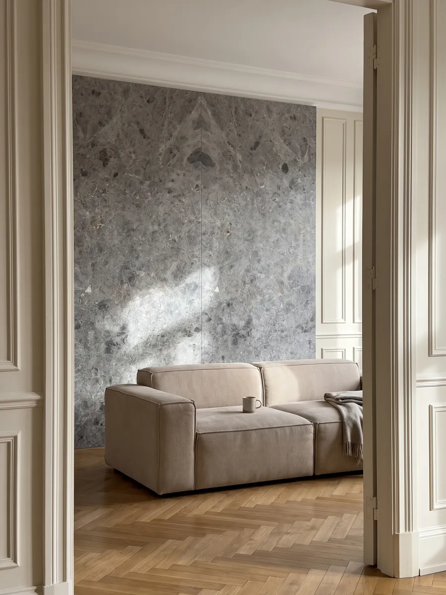 Living room wall clad in bookmatched Tundra gray marble slabs behind a sofa: medium gray with darker clouds and a fine speckling of light dots