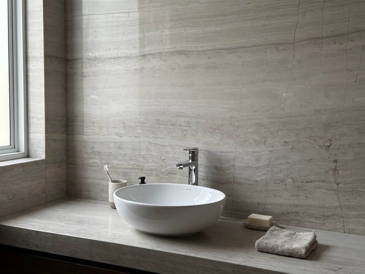 Bathroom vanity top and wall in gray White Wood marble with a white sink and chrome faucets: light gray with fine horizontal lines that mimic wood grain