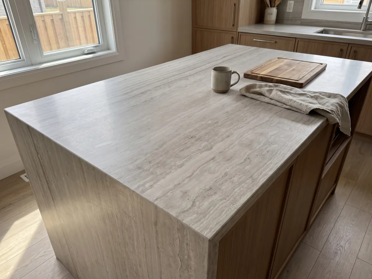 Kitchen island with a White Wood marble countertop and a straight edge in a kitchen with natural light: light gray with fine horizontal lines like wood grain