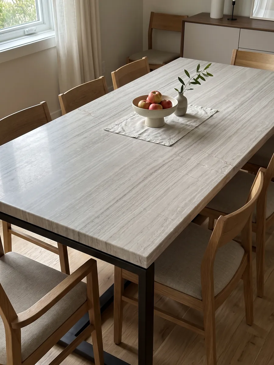 Dining table with a gray White Wood marble top on a steel base: light gray with fine horizontal lines that imitate wood grain