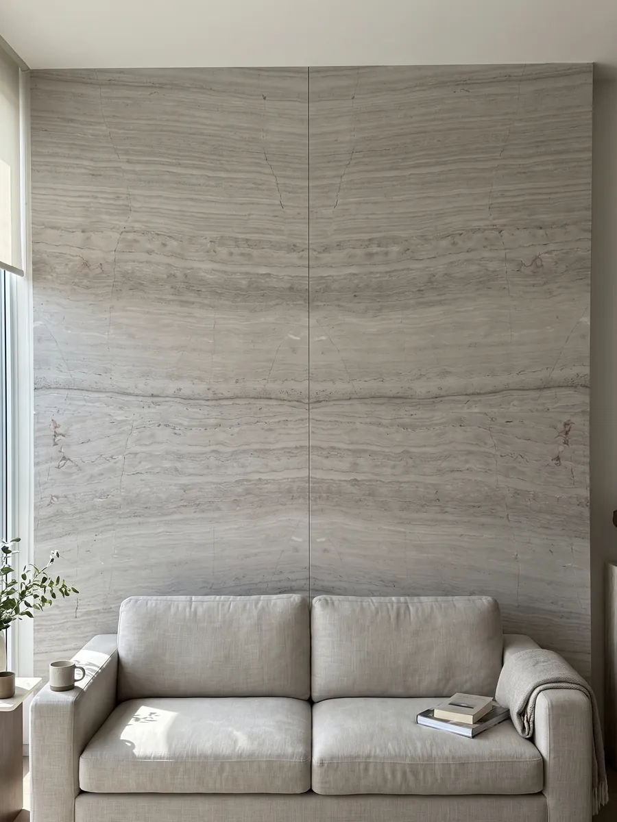 Living room wall clad in bookmatched slabs of gray White Wood marble behind a sofa: light gray with fine horizontal lines that imitate wood grain