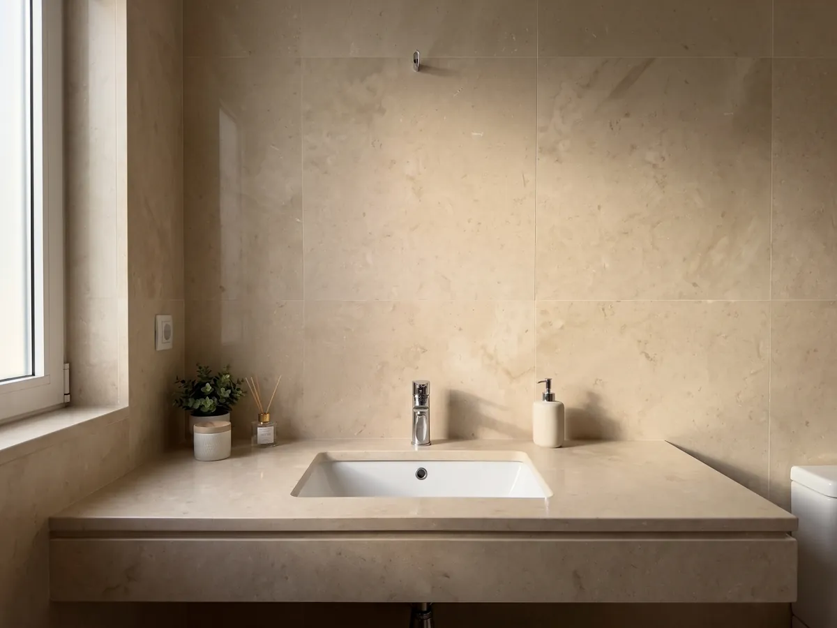 Bathroom vanity top and wall in Avorio marble with a white sink and chrome faucet: nearly smooth warm beige with very soft tonal variation