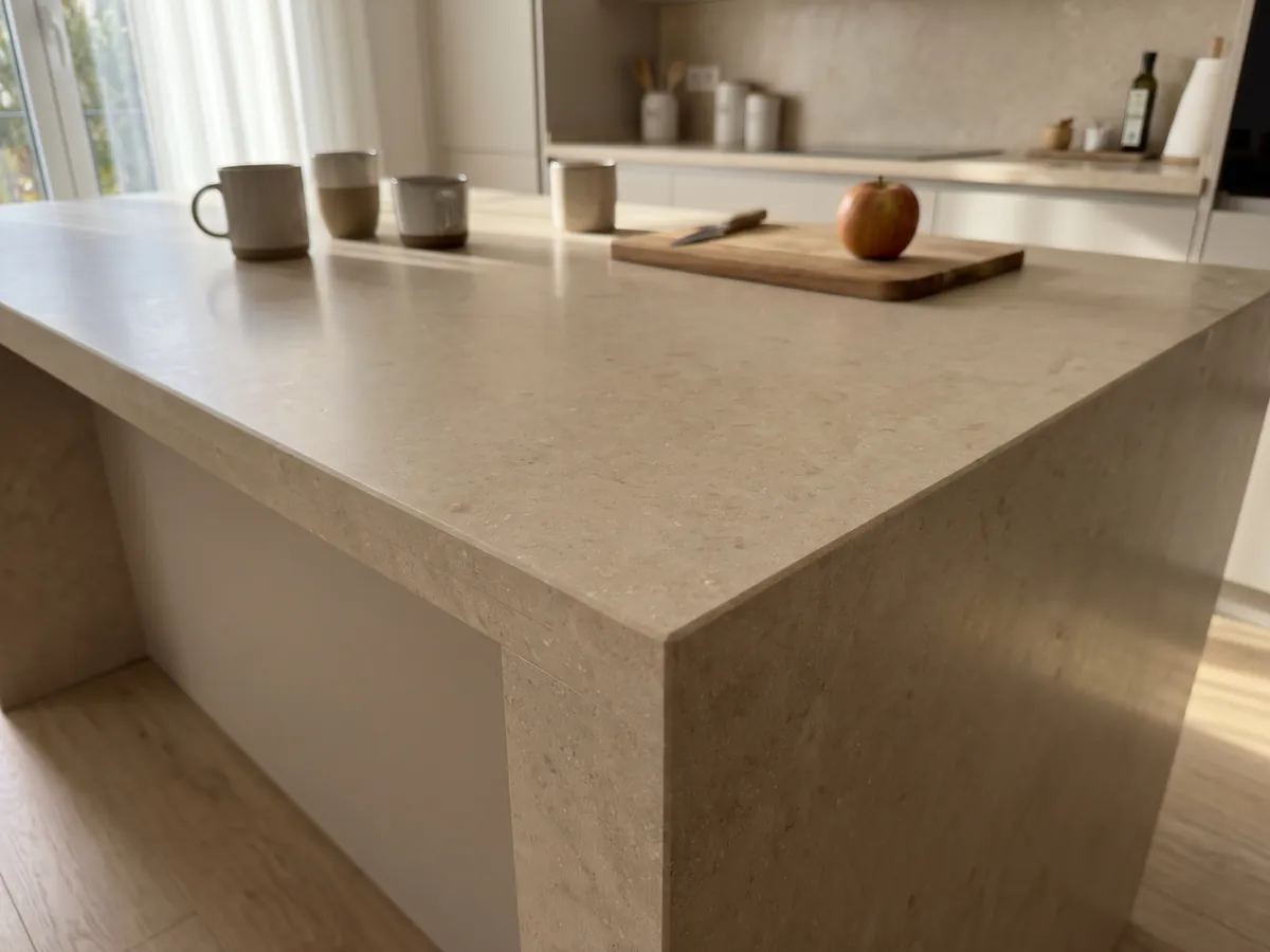 Kitchen island with an Avorio marble countertop and a straight edge in a kitchen with natural light: warm beige, nearly plain, with very soft tone variations